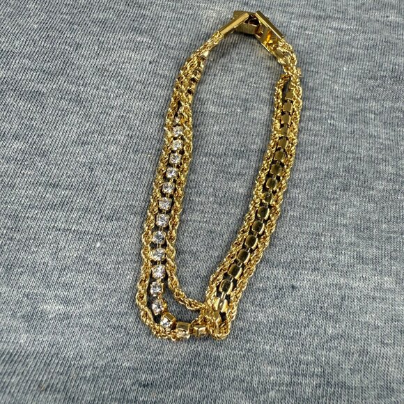 Gold-Tone Double Chain Bracelet Clear Rhinestones Secure Clasp Shine Sparkles - Picture 15 of 16